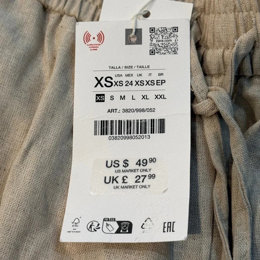 Zara Womens Linen Blend Wide Leg Drawstring Pants Oatmeal Beige XS New With Tags